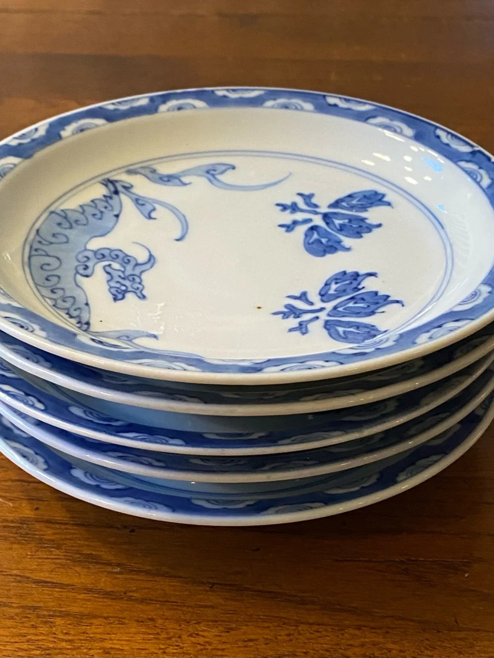 5 Antique Japanese Imari Porcelain Plates Blue White Dragon Meiji Marked Fuku
